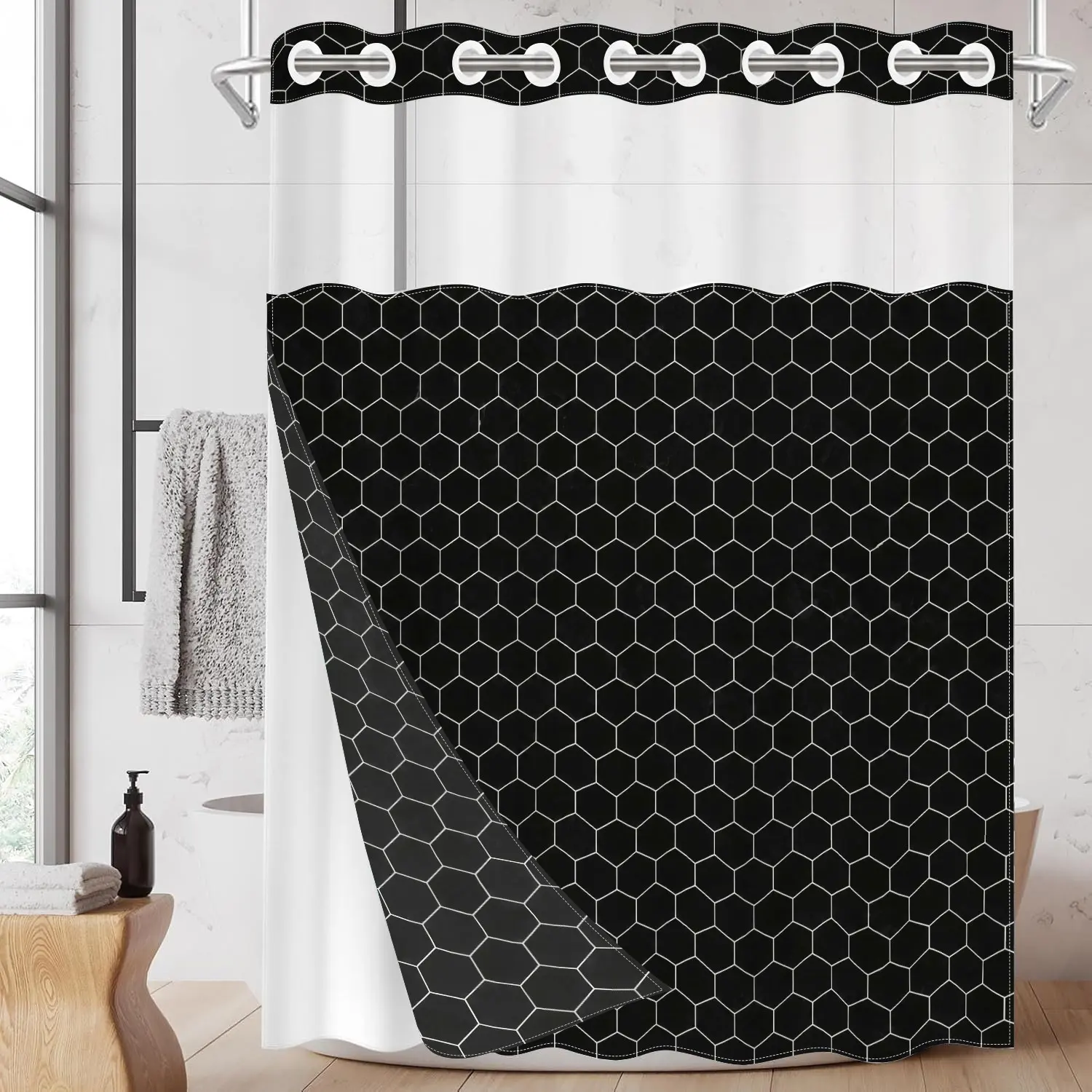 1pc hookless Bathroom shower curtain with buckle lining, black and gray honeycomb geometric texture design, Printed shower curtain, 2D printing, fabric waterproof lining, see-through double-layer shower curtain, 71 x 74 inches, modern home curtain