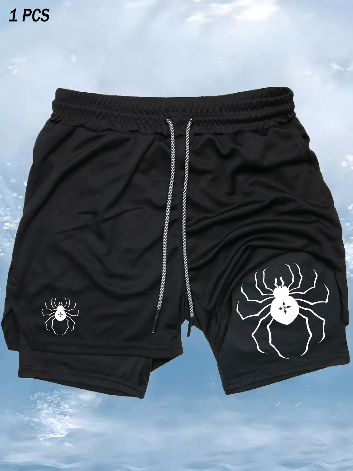 Men's Spider Print 2 in 1 Drawstring Waist Sporty Shorts, Casual Sporty Quick Drying Breathable Bottoms, Men Sports Clothes for Gym Workout Running, Graphic Print Shorts, Stretchy Breathable Shorts, Activewear Shorts