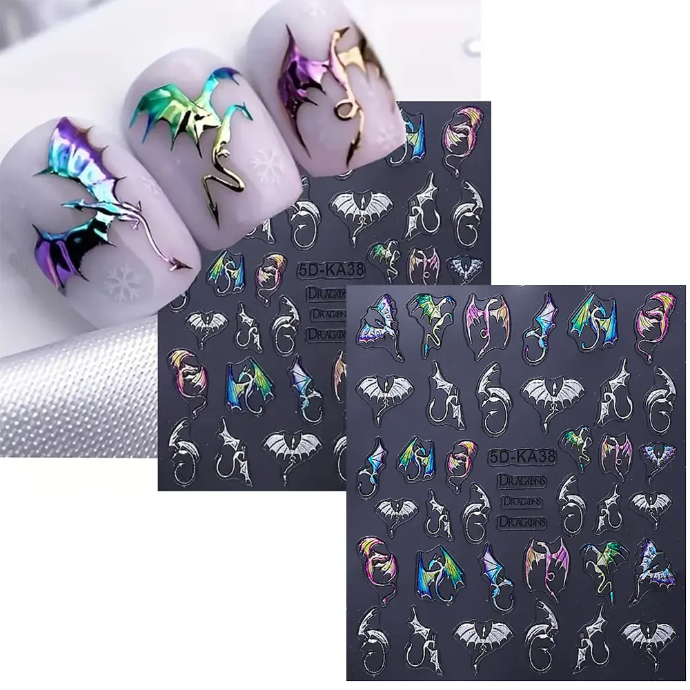 2 Sheets Gothic 5D Embossed Nail Art Stickers, Silvery Colored Bat Flying Dragon Pattern Self-Adhesive Nail Decals, Halloween Nail Stickers DIY Nail Art Decoration, Suitable for Halloween Nail Supplies