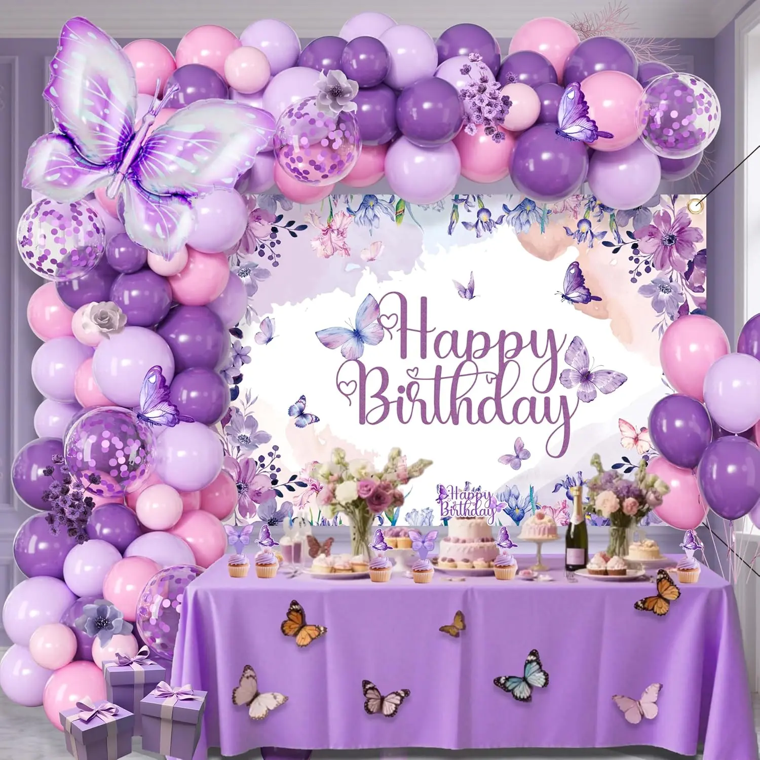 Glittered Purple Butterfly Birthday Decorations Balloon Arch Kit Set - Festive Supplies with Garland, Backdrop, Centerpieces for Girls' Birthday Parties, Girl, Party Decor