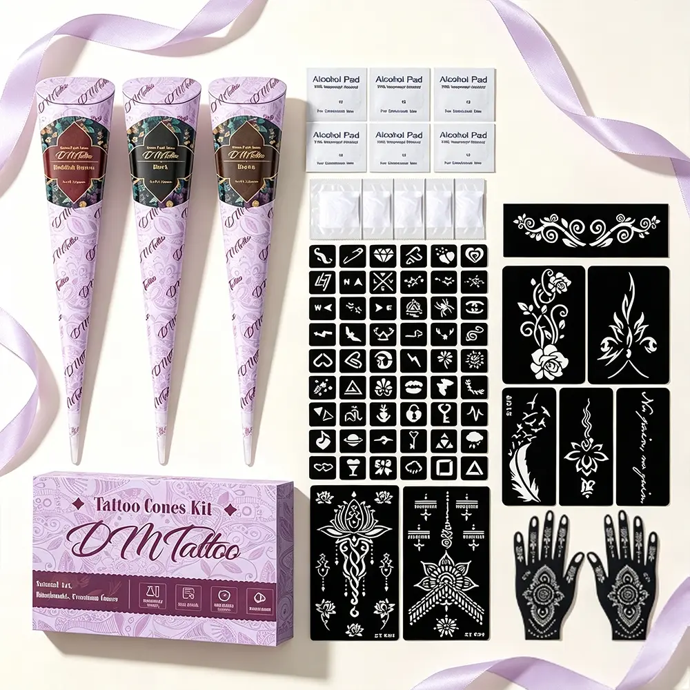 Multi Cone Large Capacity Henna Tattoo Complete Tool Kit, 3 Color Plant Henna Paste Black Brown Reddish Brown + Sizes Hollow Stencils + Cleansing Alcohol Pads, Waterproof Long Last Temporary Body Decor For Festival Beach Picnic Home DIY Body Paint Henna