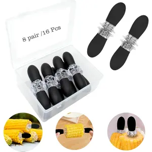 16Pcs (8 Pairs) Black Stainless Steel Corn Cob Holders, Interlocking Design Skewers for Home Cooking, BBQ, Parties, Camping