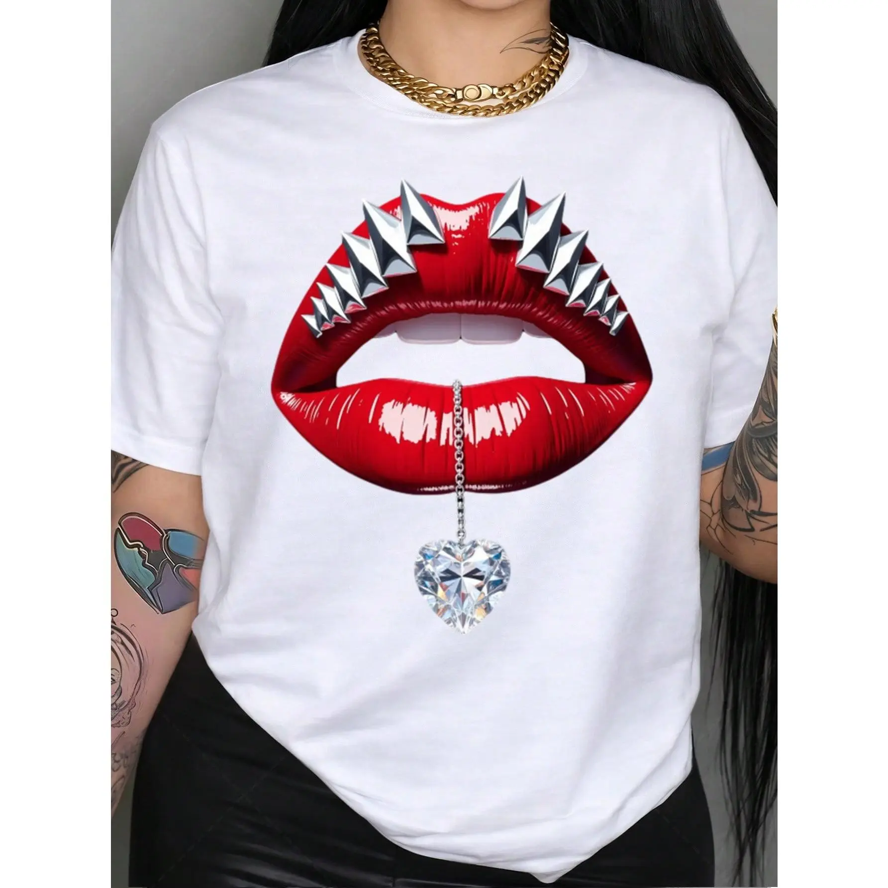 Plus Size-Women's Casual Short-Sleeve T-Shirt, Featuring A Unique Design With Rivets, Red Lips, And Heart Pendant, Making A Bold Fashion Statement. Printed Top With A Round Neck Design, Suitable For Spring And Summer Wear