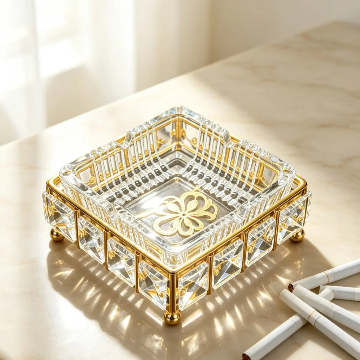Luxury Square Striped Crystal Glass Ashtray ✨ Gold Diamond Decorative Tray for Home & Office Gifts