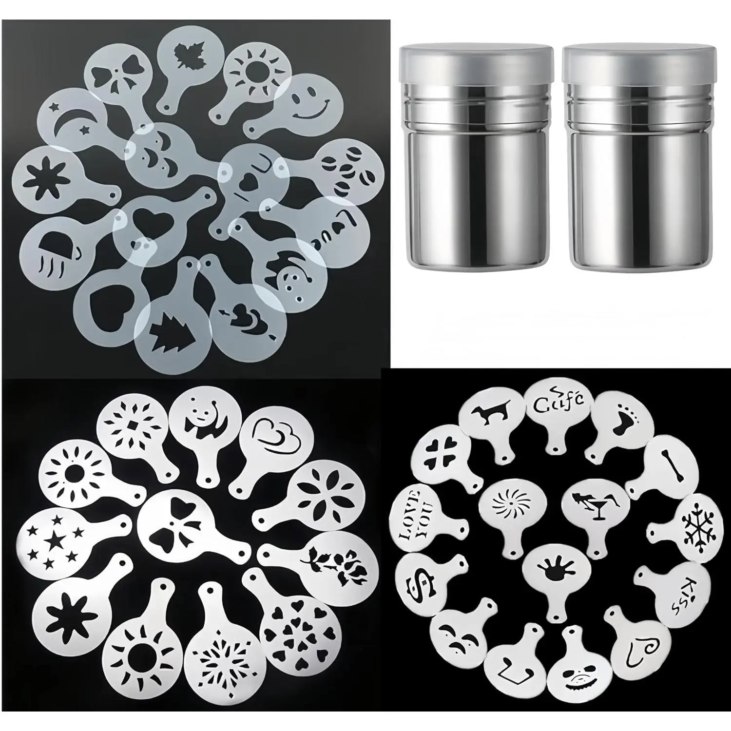 44 Coffee Stencils+2 Mesh  Shakers, Coffee Decoration Stencils Coffee Art Templates Coffee Mold Tool for Christmas Thanksgiving Cake Coffee