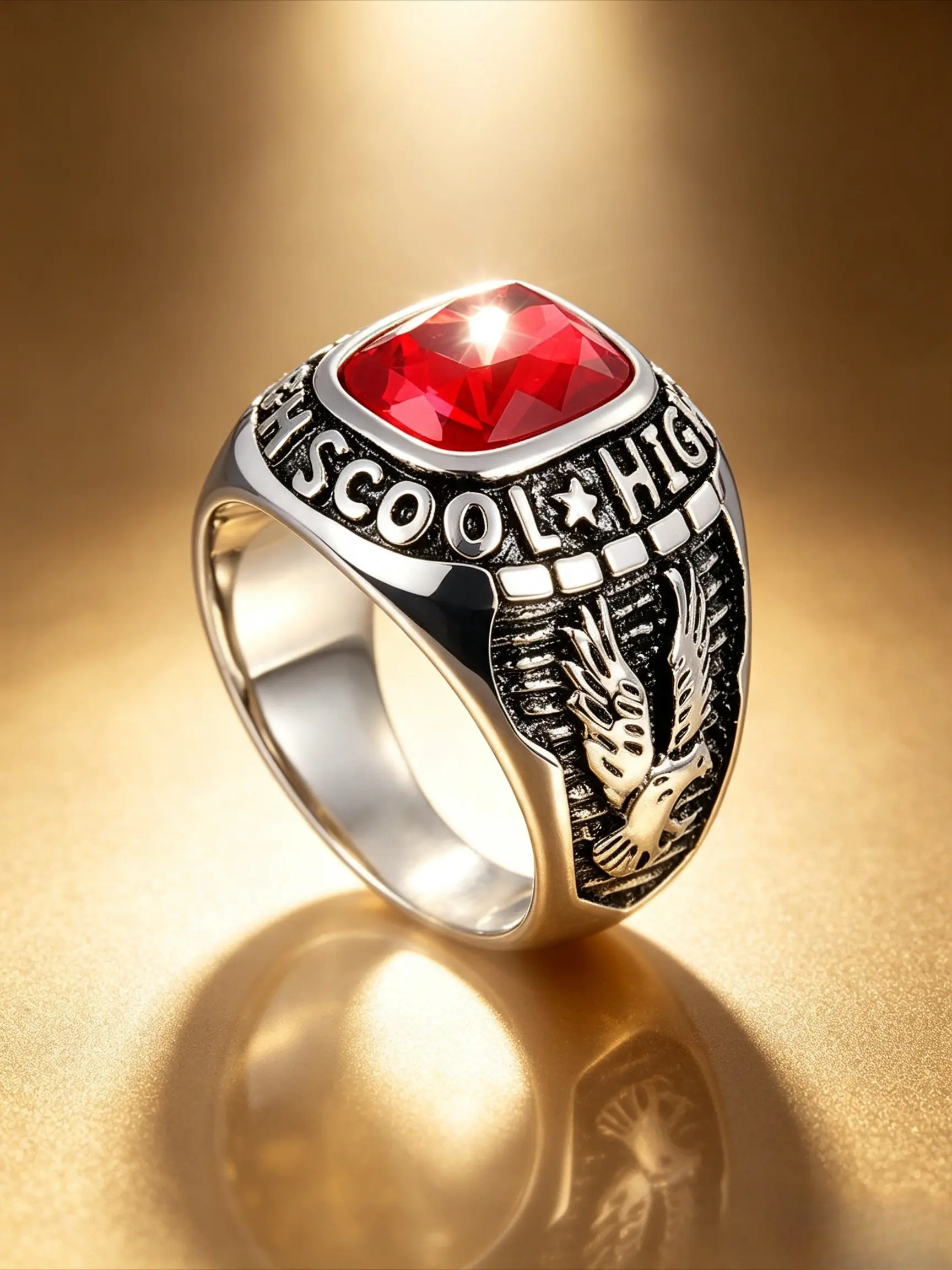 Vintage Eagle High School Class Ring, 316 Stainless Steel Inlaid Square Cut Colored Crystal Signet Ring, Acquired Style Ring, Hypoallergenic Anti Tarnish Punk Graduation Statement Band Rings, Retro Jewelry Gift For Men