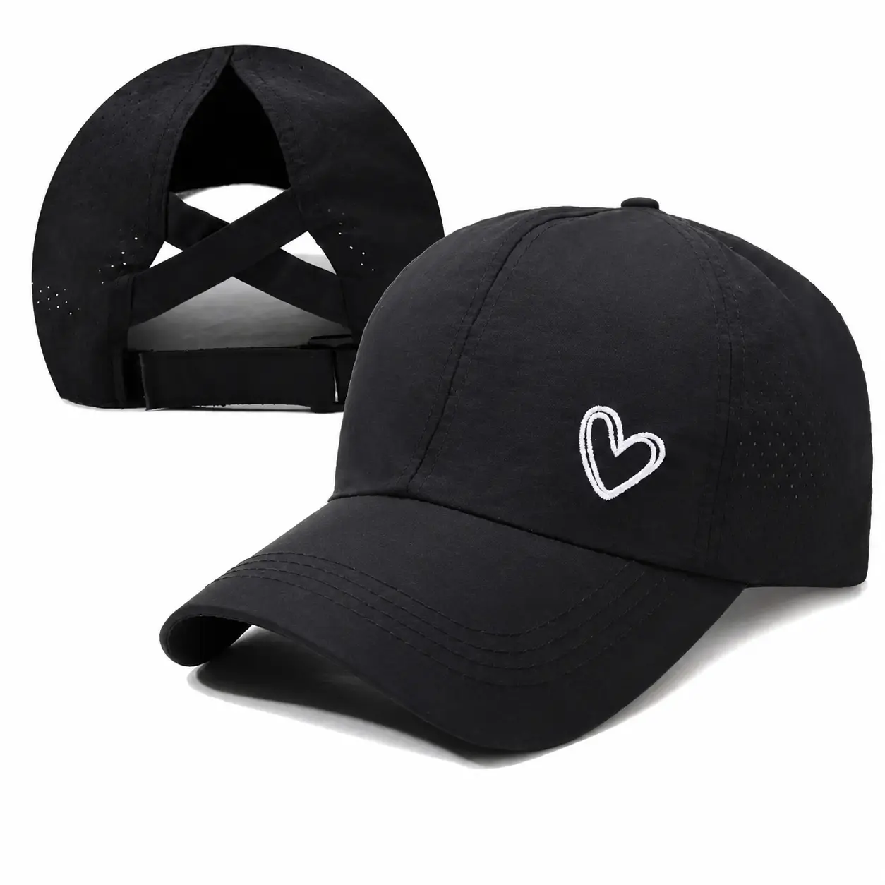 Breathable Mesh-Back Baseball Cap with Heart-Shaped Design and High-Ponytail Opening for Comfortable All-Day Wear — Stylish Unisex Casual Headwear for Outdoor Activities, Sports, and Everyday Fashion