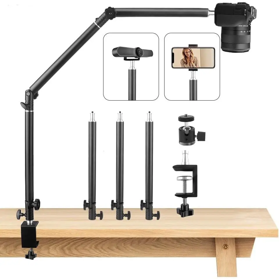 Heavy Duty Overhead Camera Desk Mount Stand 14.5"-41" with 1/4" Screw, 3-Section 360°Rotatable Detachable Articulating Boom Arm with Enlarged Handle C Clamp, Tabletop Light Stand for Streaming Vlog