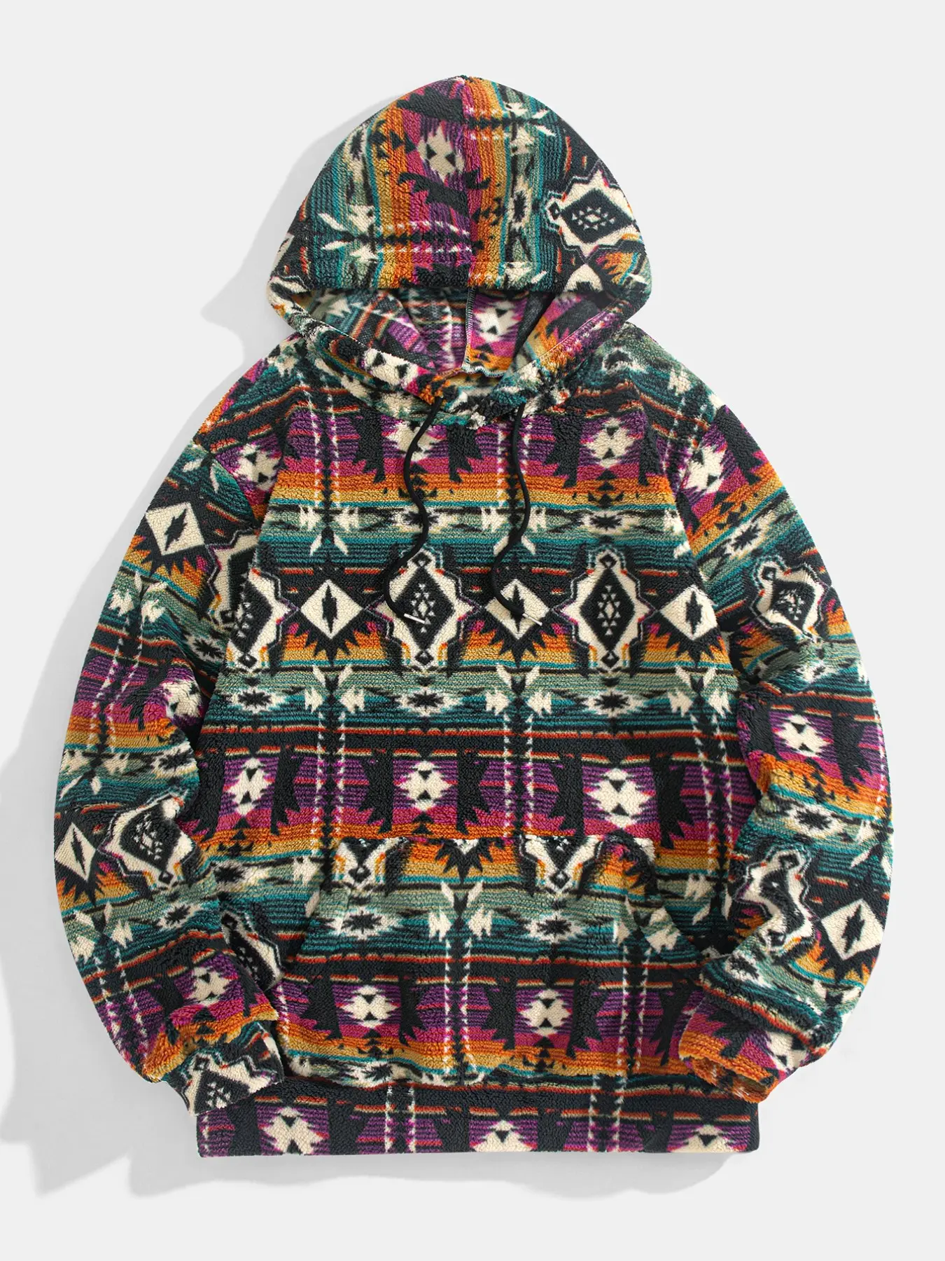 Vintage Southwest Tribal Aztec Fleece Hoodie for Men, Colorful All over Print, Fluffy Drawstring Hooded Sweatshirt, Cozy Warm Pullover