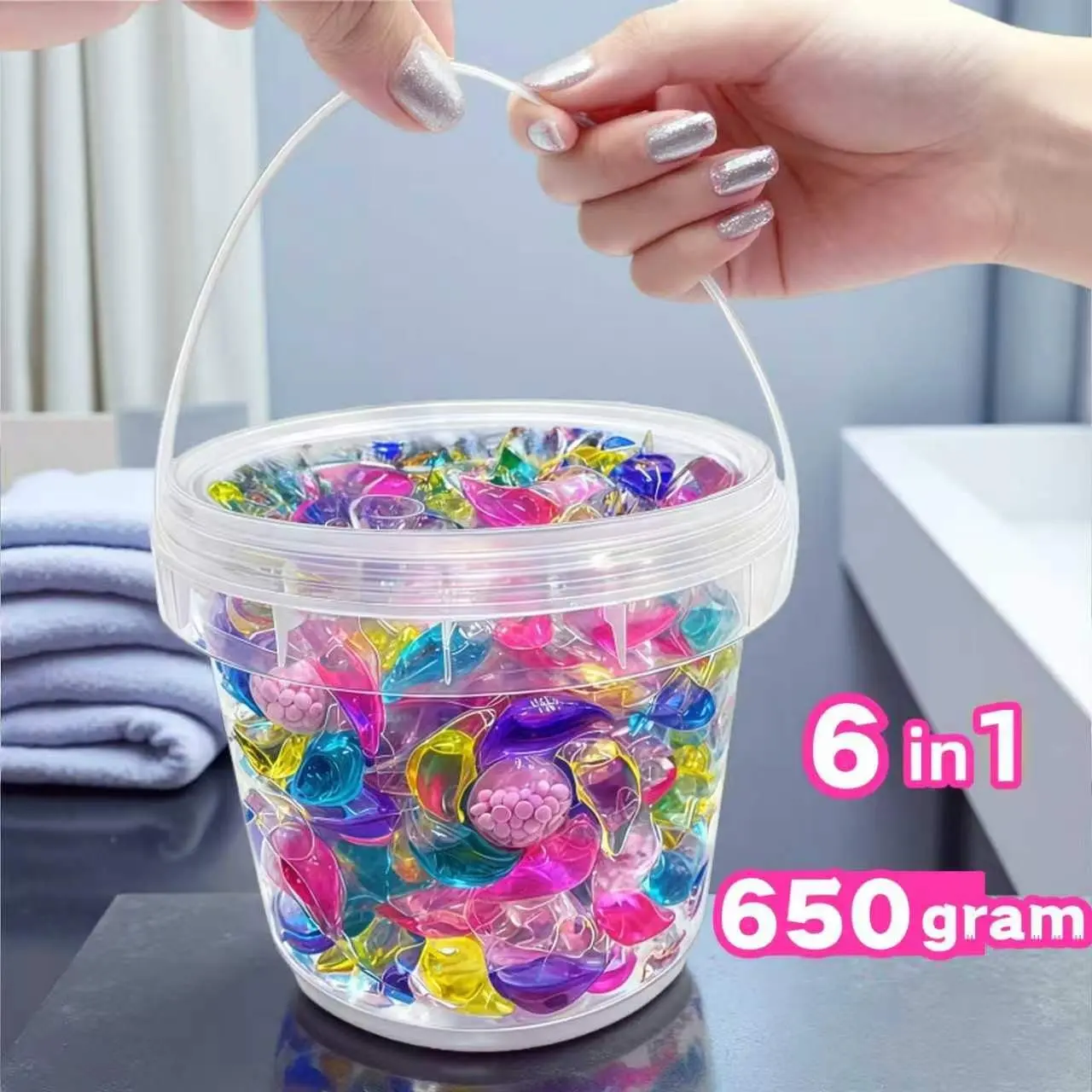 6-In-1 Scented Laundry Detergent Pods, 650g Bucket, Long-Lasting Fragrance, Stain Removal, Fabric Softener, Color Protection, Home & Travel Use
