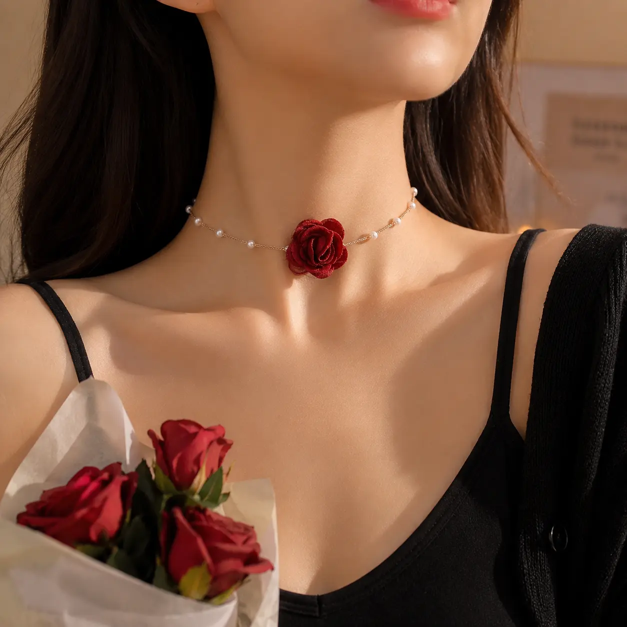 Women's Fabric Rose Flower Choker Necklace, Dainty Imitation Pearl Chain Collar, Adjustable Lightweight Floral Neck Jewelry For Daily Outfit Wedding Party Romantic Date Evening‑out Styling
