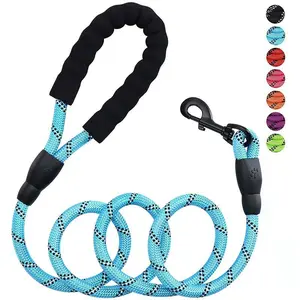 Heavy-Duty Nylon Rope Dog Leash with Padded Foam Handle, Reflective No-Pull Pet Walking Leash for Medium and Large Dogs