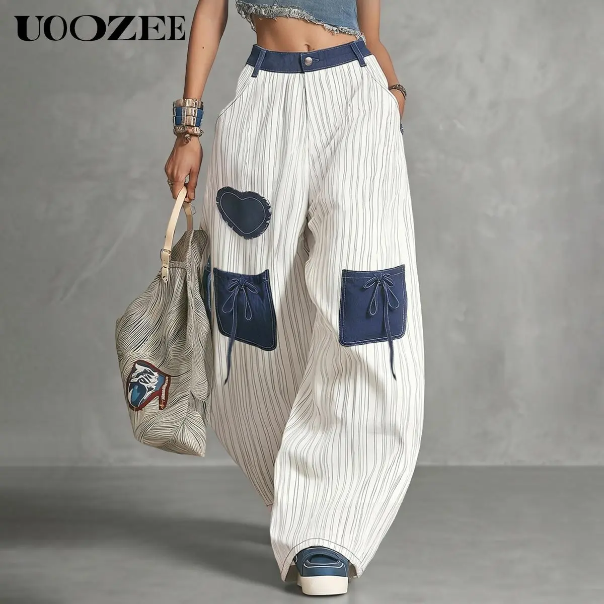 UOOZEE Women's Vintage Heart Patch Striped Striped Patchwork Wide Leg Pants, Elastic Back Waist High Waist Baggy Trousers with Pockets, Casual Streetwear Bottoms, Size Up for Full Waist