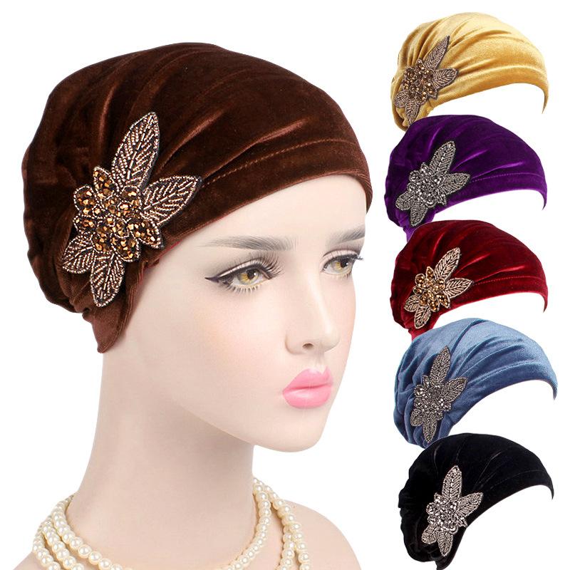 Velvet Pleated Turban Hat with Beaded Flower, Soft Hair Loss Bonnet for Women