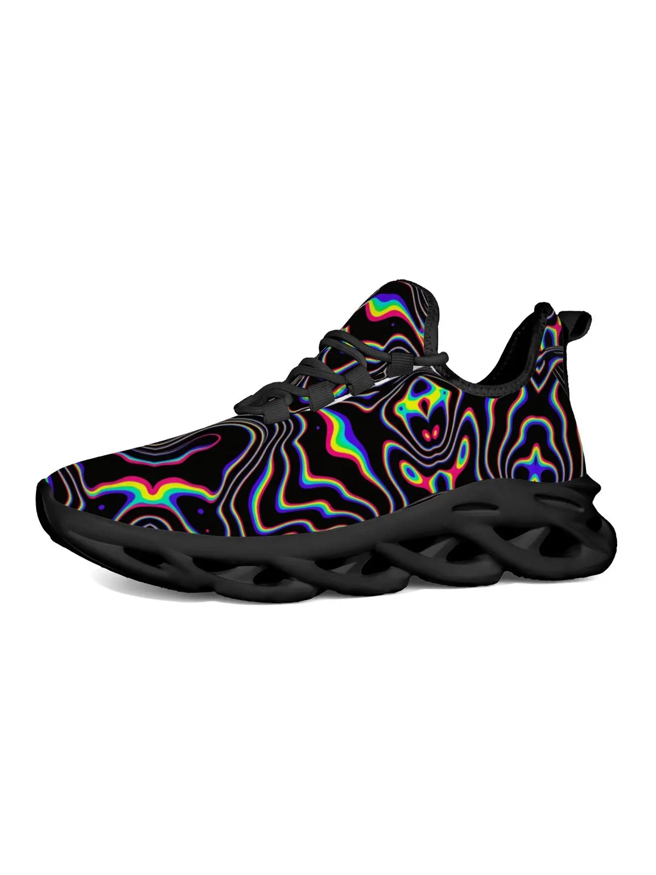 Iridescent Liquid Abstract Pattern Running Shoes, Psychedelic Rainbow Fluid Wave Print Sneakers, Breathable Mesh Lightweight Non-Slip Casual Athletic Shoes for Men Women Unisex Trendy