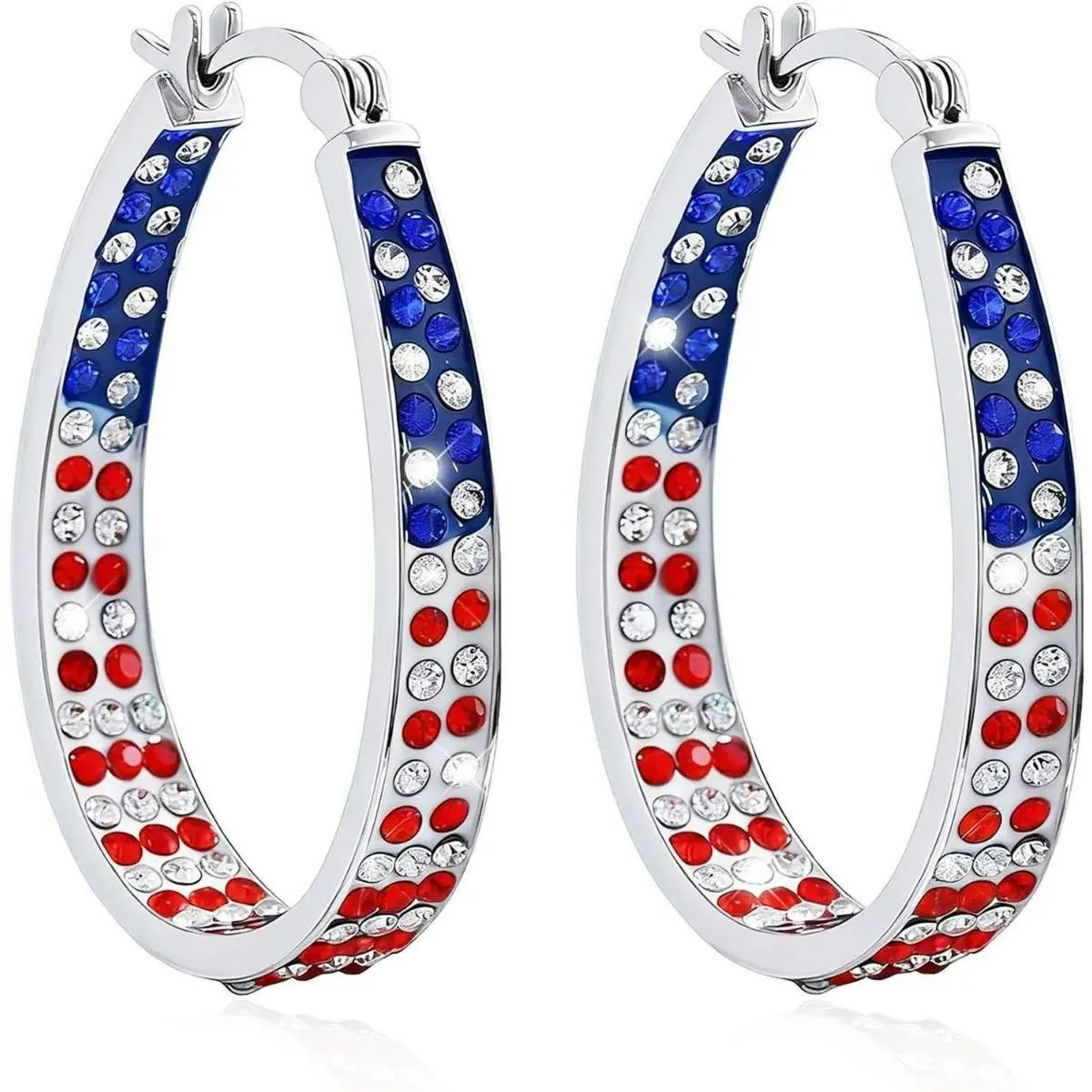 Patriotic Red White Blue Crystal Hoop Earrings for Women, Sparkly American Flag Color Rhinestone Hoop Jewelry, USA Themed Patriotic Accessories Gift for Veterans Memorial Labor Day