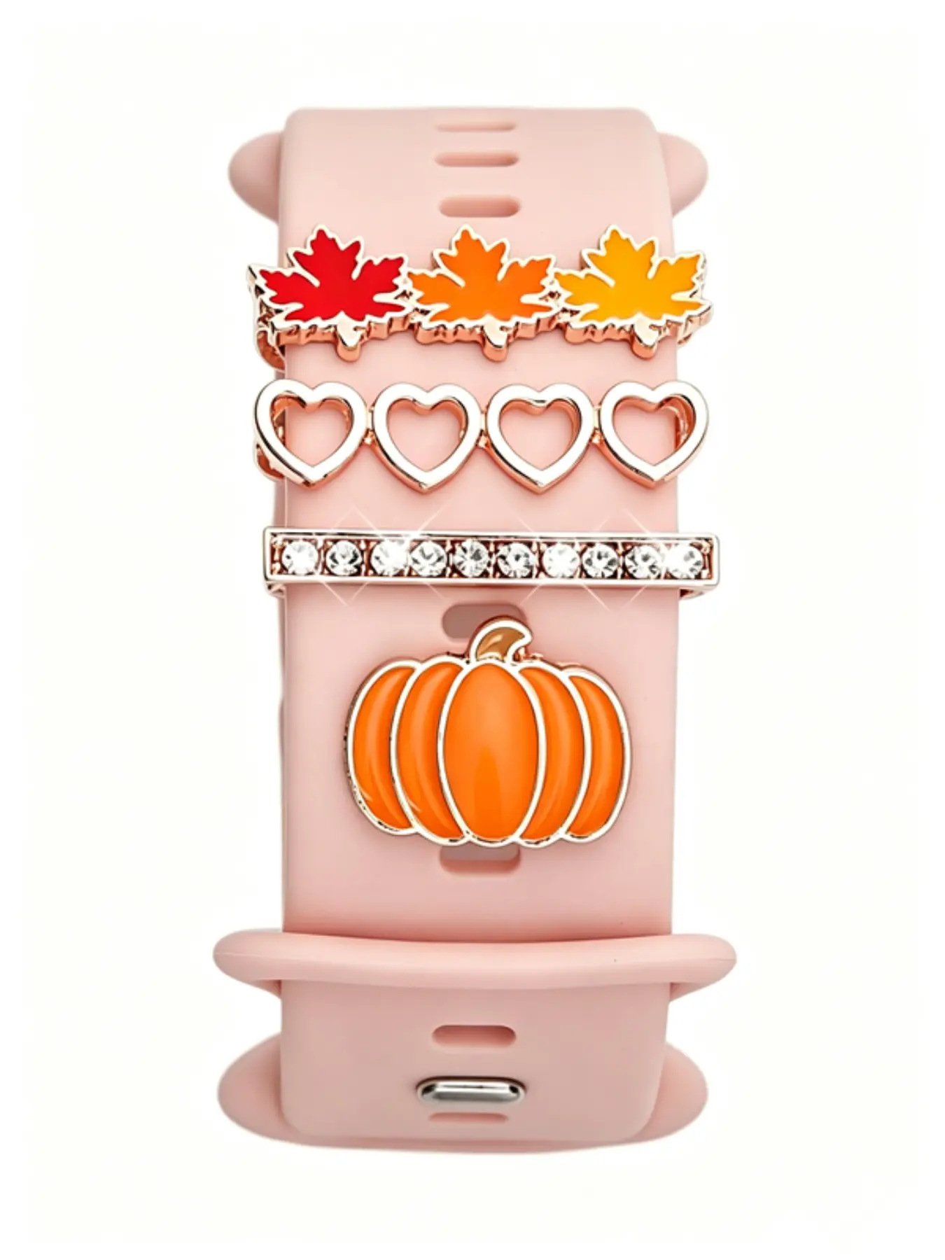 4 Pcs Zinc Alloy Watch Band Charms, Autumn Maple Leaf Pumpkin Heart Rhinestone Rings, Apple Watch Silicone Strap Decor, Holiday Gift for Women Girls