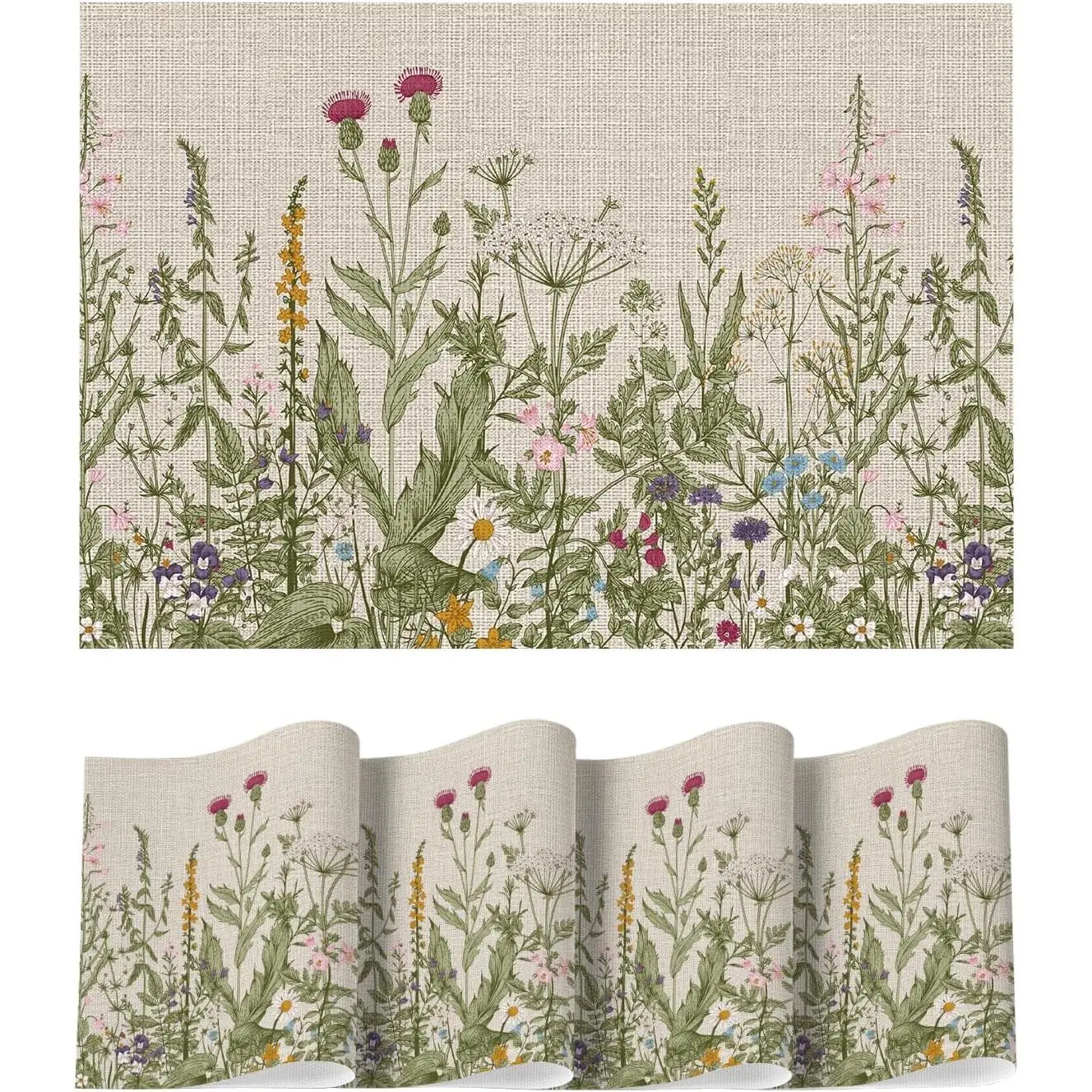 Wildflower Vinyl Placemats Set of 4, Washable Non-Slip Plastic PVC Table Mats for Spring Party Kitchen Dining Decor, 12x18 Inch