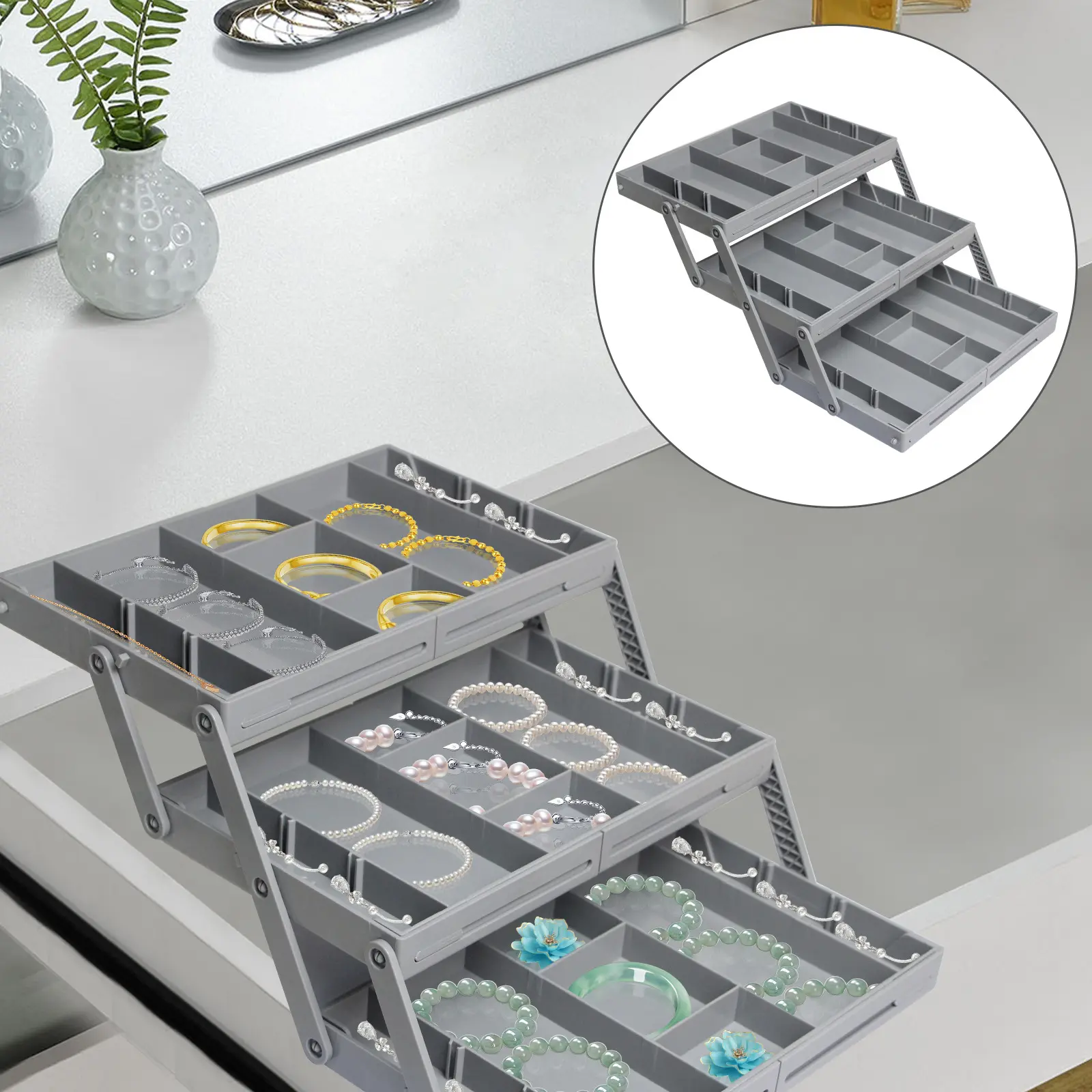 Adjustable Foldable Kitchen Storage Box - Single Row & 3-Layers Drawer Insert, 3-Layer Rack Cosmetic Organisers for Vanity Setup, Jewelry Dresser Organization