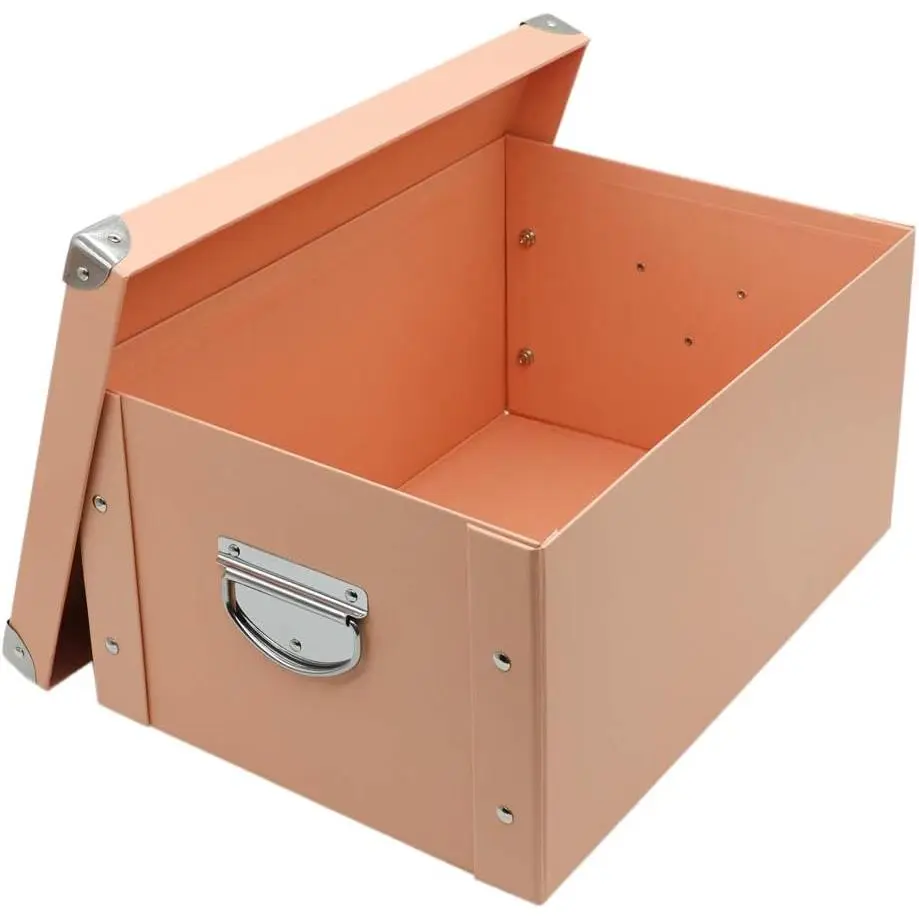 Collapsible Storage Box, Decorative Memory Box with Lid & Metal Reinforced Corners, Cardboard File Bin with Handles, Organizer  Box for   Photos Office  Wardrobe Bookshelf