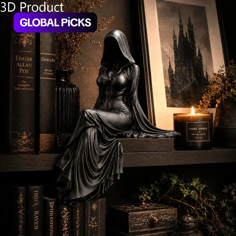 Gothic Lady Reaper Figurine, Dark Academia Bookshelf Decor, Mysterious Hooded Woman Statue, Witchy Spooky Accent for Alt Aesthetic, Decorative Home Figure, Figurines Decor #GLOBAL PICKS