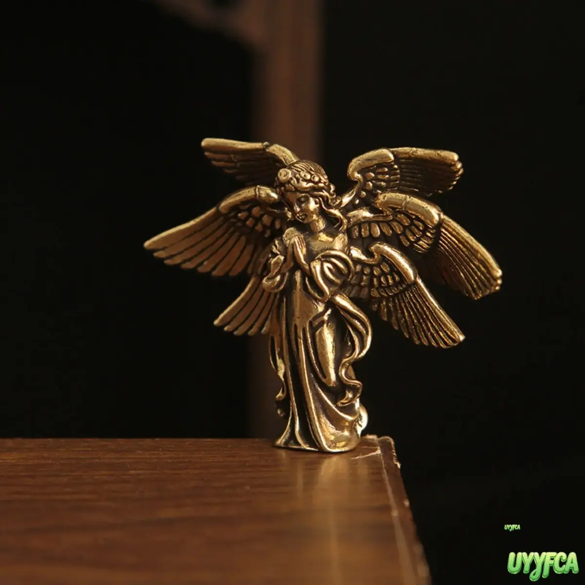 Vintage Brass Six-Winged Angel Mini Figurine, Antique Bronze Praying Guardian Angel Statue, Small Metal Angel Ornament, Compact Collectible Sculpture for Desktop Display, Shelf Decor And Holiday Gift Giving