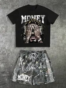 Men's Money Graphic Tee & Camo Shorts Outfit Set, Hip Hop Streetwear Co Ord, Drawstring Casual Two Piece Menswear