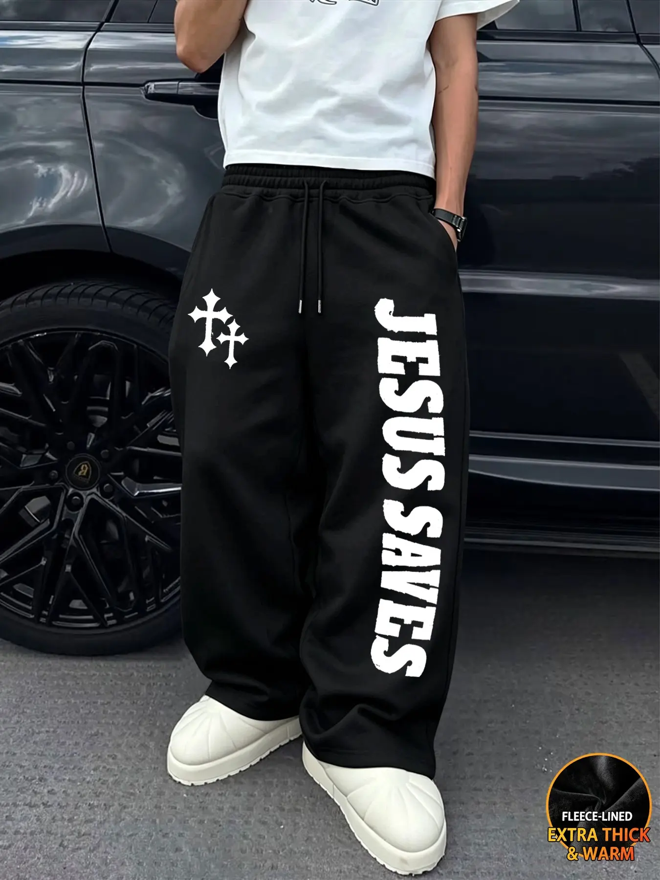Men's Fall Winter Fleece Wide Leg Sweatpants, Elastic Waist Drawstring, Jesus Saves Print, Thick Fleece Lining, Loose Fit, Trendy Casual Pants, Cold Weather Sweatpants