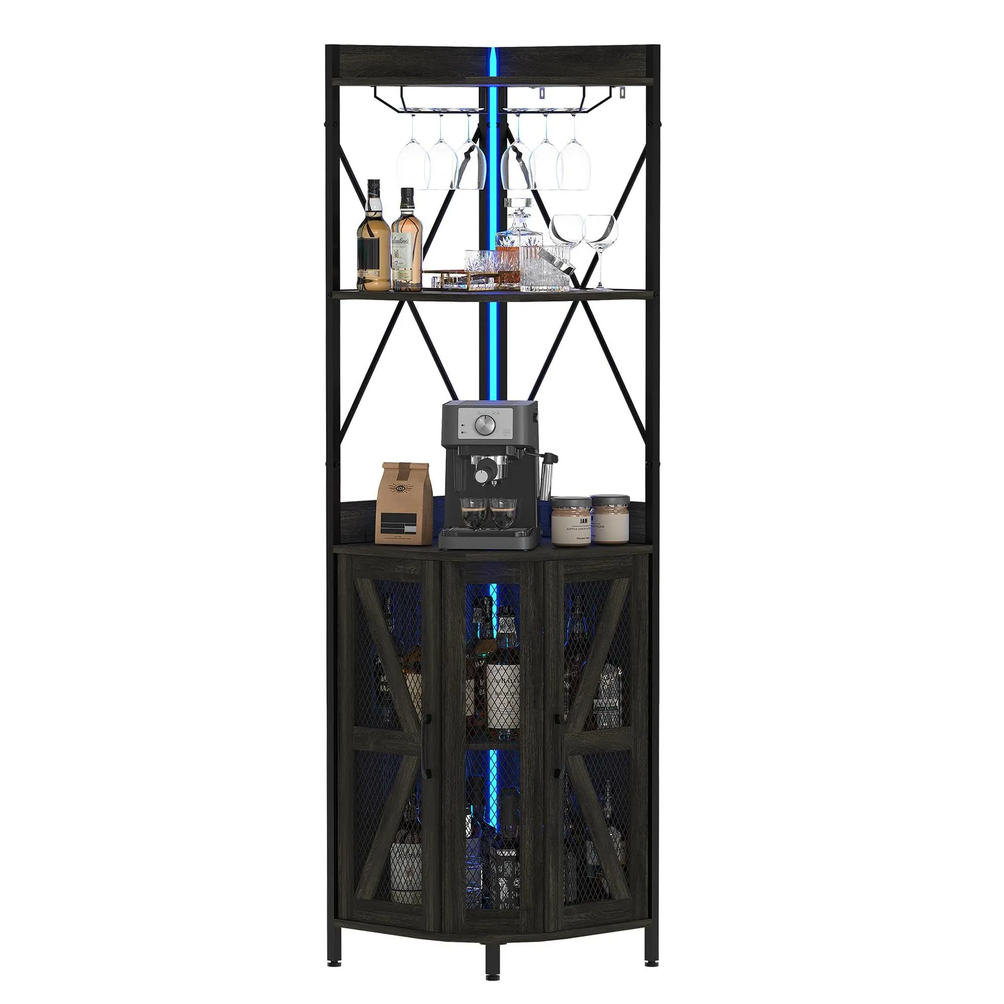 Garvee Industrial 4-Tier Collapsible Corner Wine Cabinet with LED Lighting – Space-Saving Bar Cabinet, Glass Holder, Power Outlet, Metal Mesh Door – Freestanding MDF & Metal Storage for Living Room, Kitchen, Home Bar – Grey