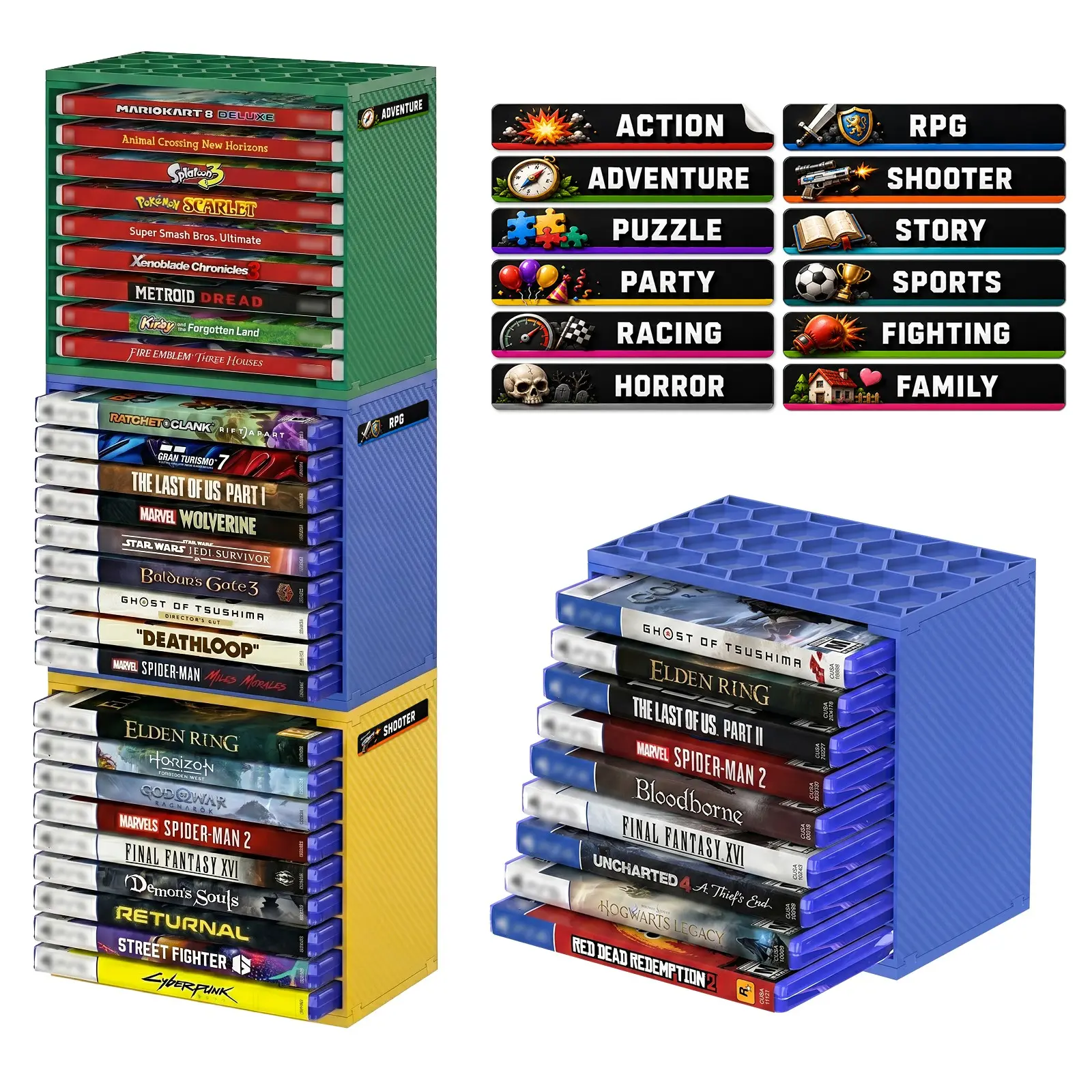 3-Pack Video Game Case Storage Rack, Stackable Game Disc Organizer Holds up to 27 Standard Game Cases, Modular Display Shelf with Storage Space and 1 Sticker Sheet Featuring 12 Genre Categories for Gaming Room, Blue Green Yellow