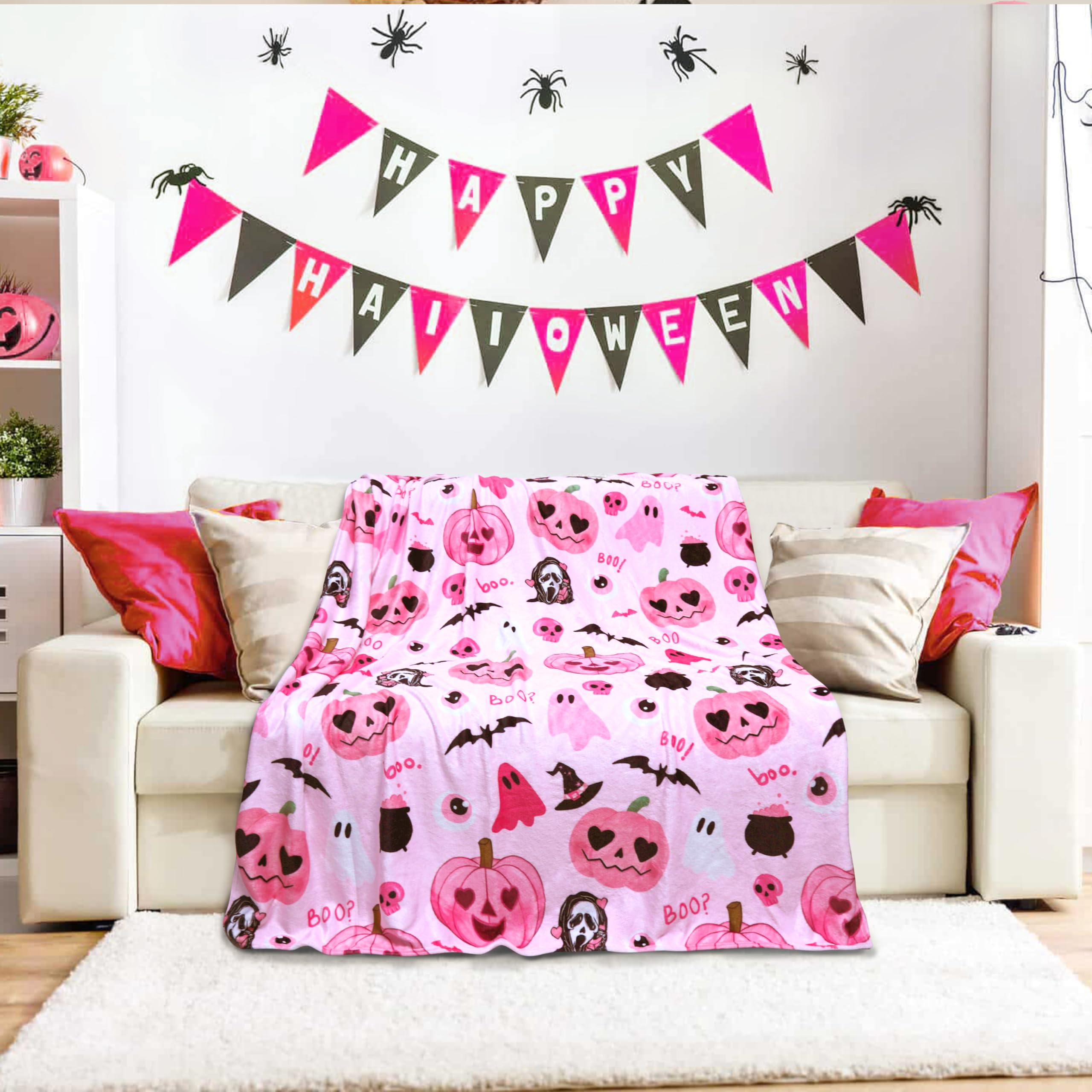 Pink Pumpkin Skull Bat Themed Halloween Blanket Fall Super Soft Cozy Plush for Couch Chair Bed  Halloween Gifts