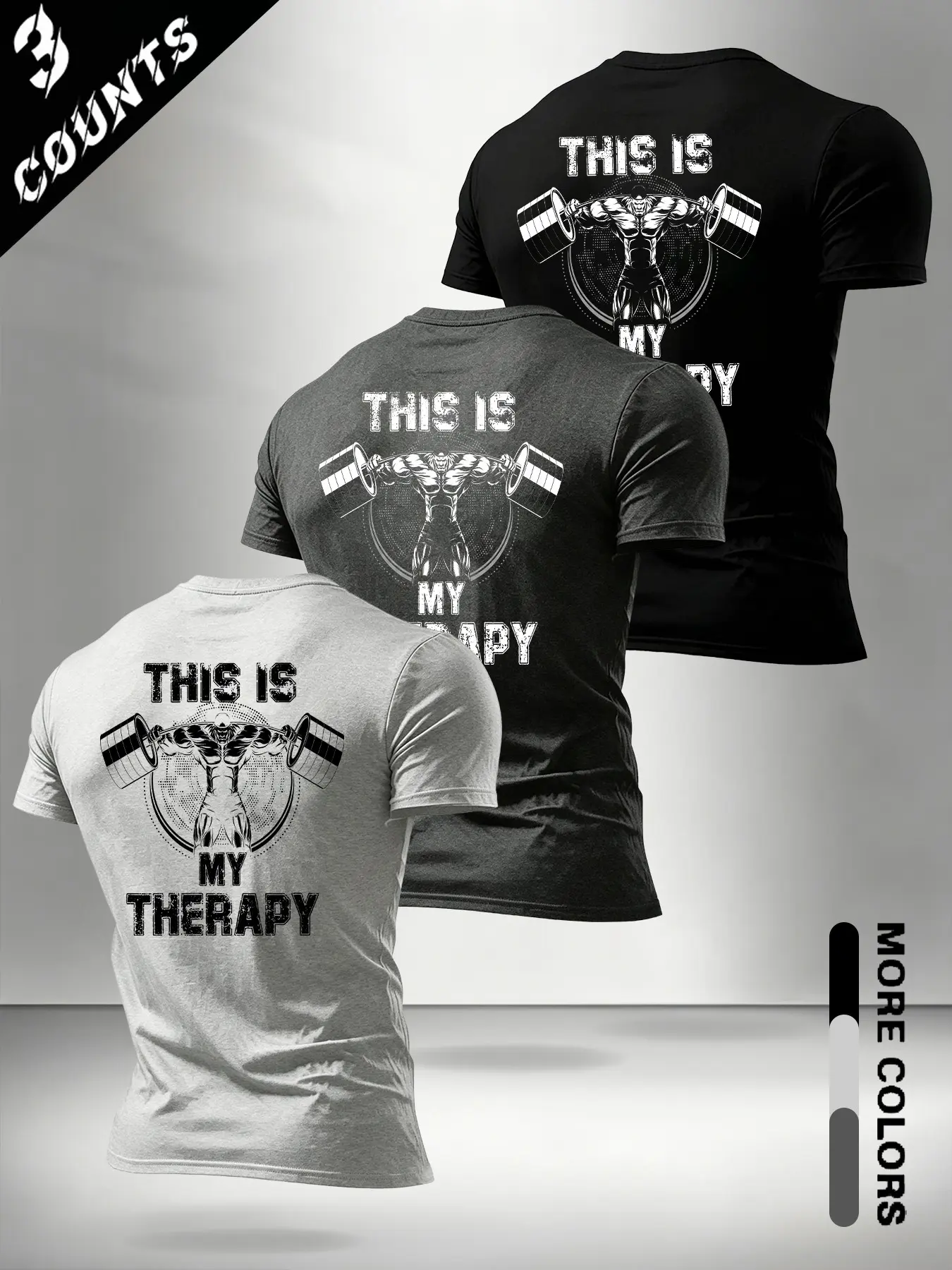 3-Pack Men's Motivational Bodybuilding Short Sleeve Tees, This Is My Therapy Dumbbell Muscle Man Back Print Street Gym Daily Tops, Fitness Workout Shirt, Athletic T Shirt