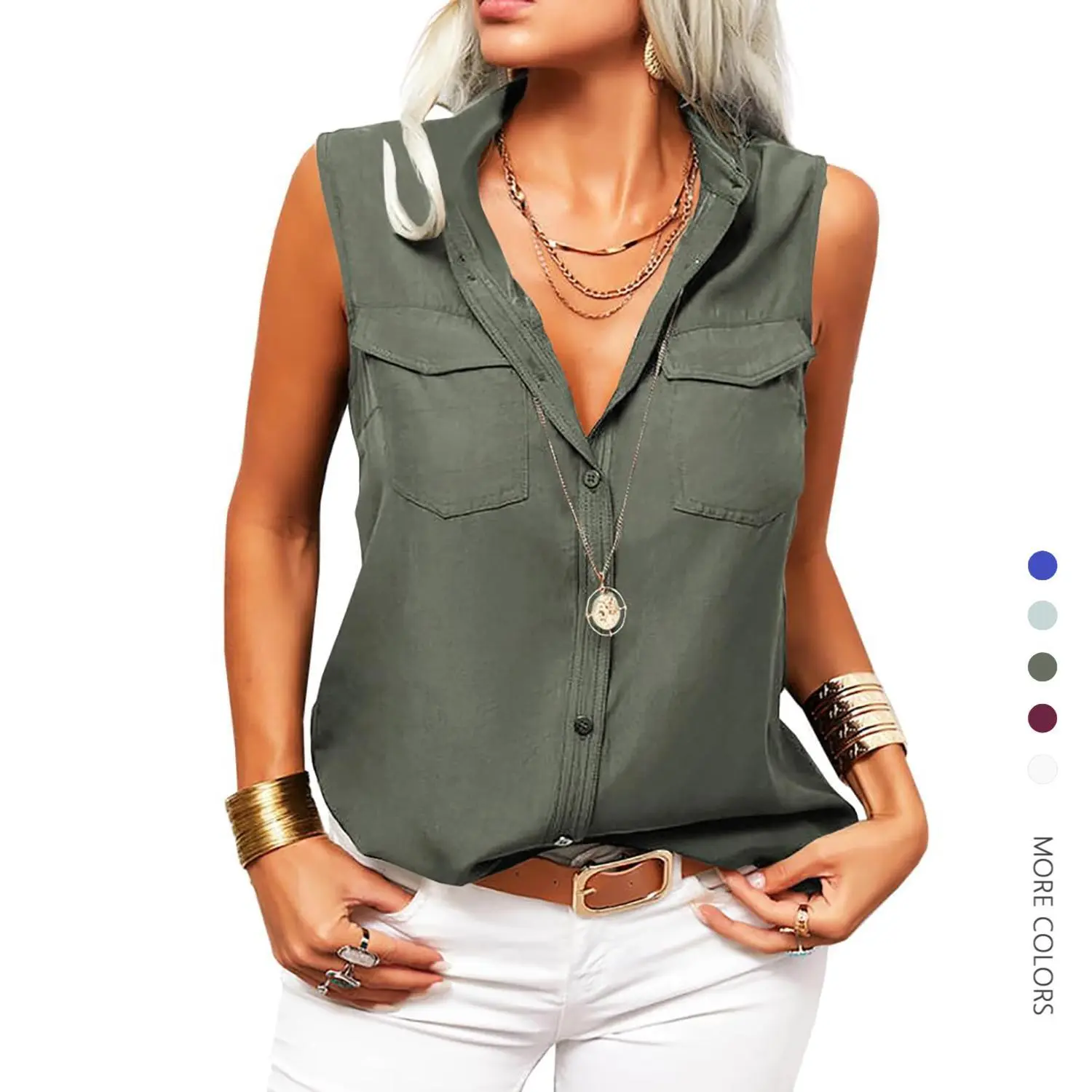 Women's Comfy Casual Solid Polyester Sleeveless Button-Down Blouse - Lapel Collar, Patch Pockets, Dressy Office Wardrobe Staple Layering Top
