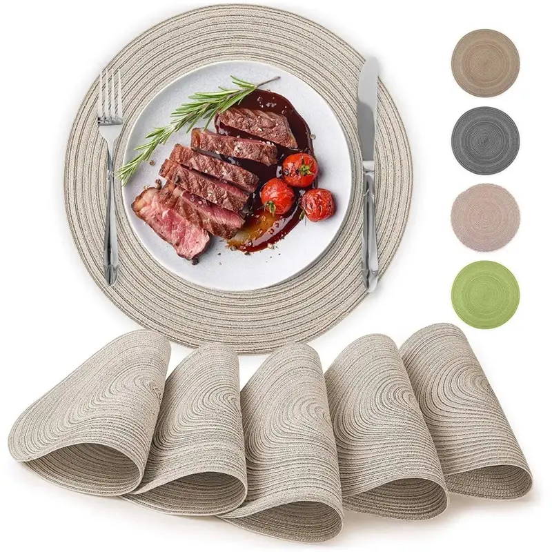 Woven Round Braided Placemats Set - 6 Pieces of Non-Fading Polypropylene and Cotton, Heat-Resistant, Non-Slip, and Hand Washable Tableware#Weeklydeals