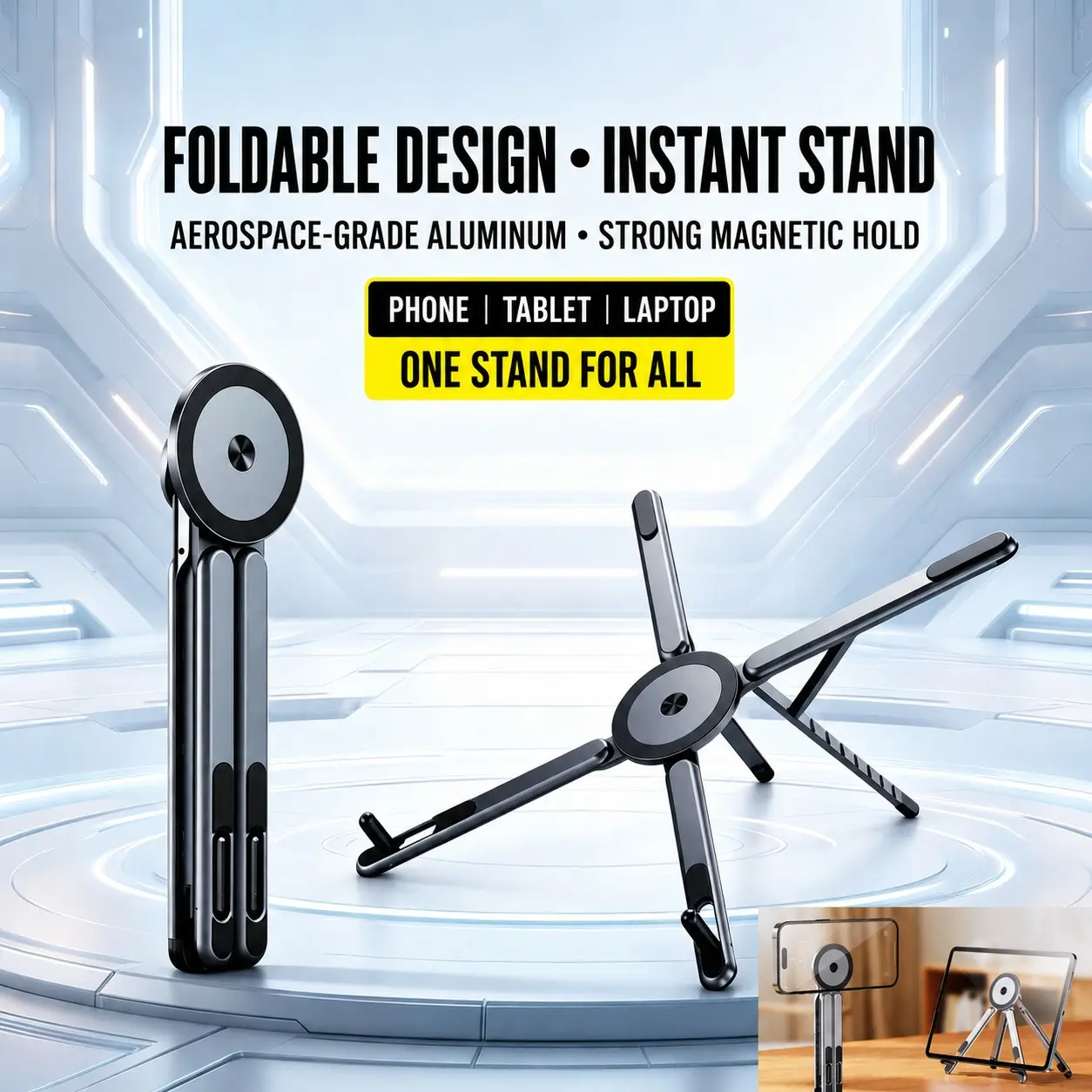 Aluminum Magnetic Desktop Phone Tablet Stand, Foldable Multi-Angle Holder for iPhone iPad Laptop, Portable Strong Magnet, Office Travel Home Use