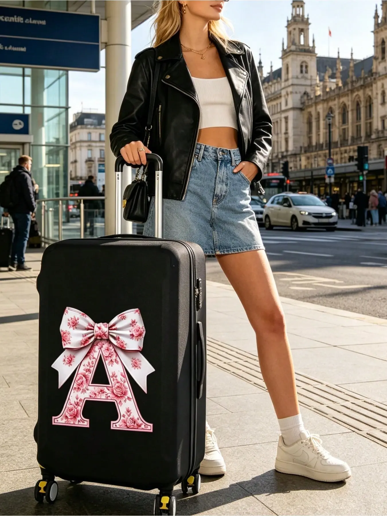Luggage cover with bow and A-Z letters, durable universal suitcase cover 18-32 inches, dustproof and scratch-resistant suitcase protector with elastic edges, suitable for flights, vacations, honeymoons, airports, cruises, and business trips