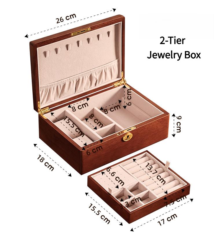 Solid wood embedded double-layer home jewelry box, desktop earring and ring storage box, flip-top lockable accessory storage box