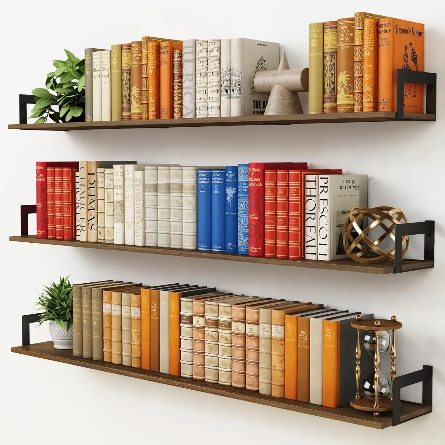Large Floating Shelves for Wall 48 Inches Long Set of 3, Rustic Wood Wall Bookshelf for Living Room Bedroom Books, Heavy Duty Hanging Storage Shelf for Laundry Room (Dark Brown)