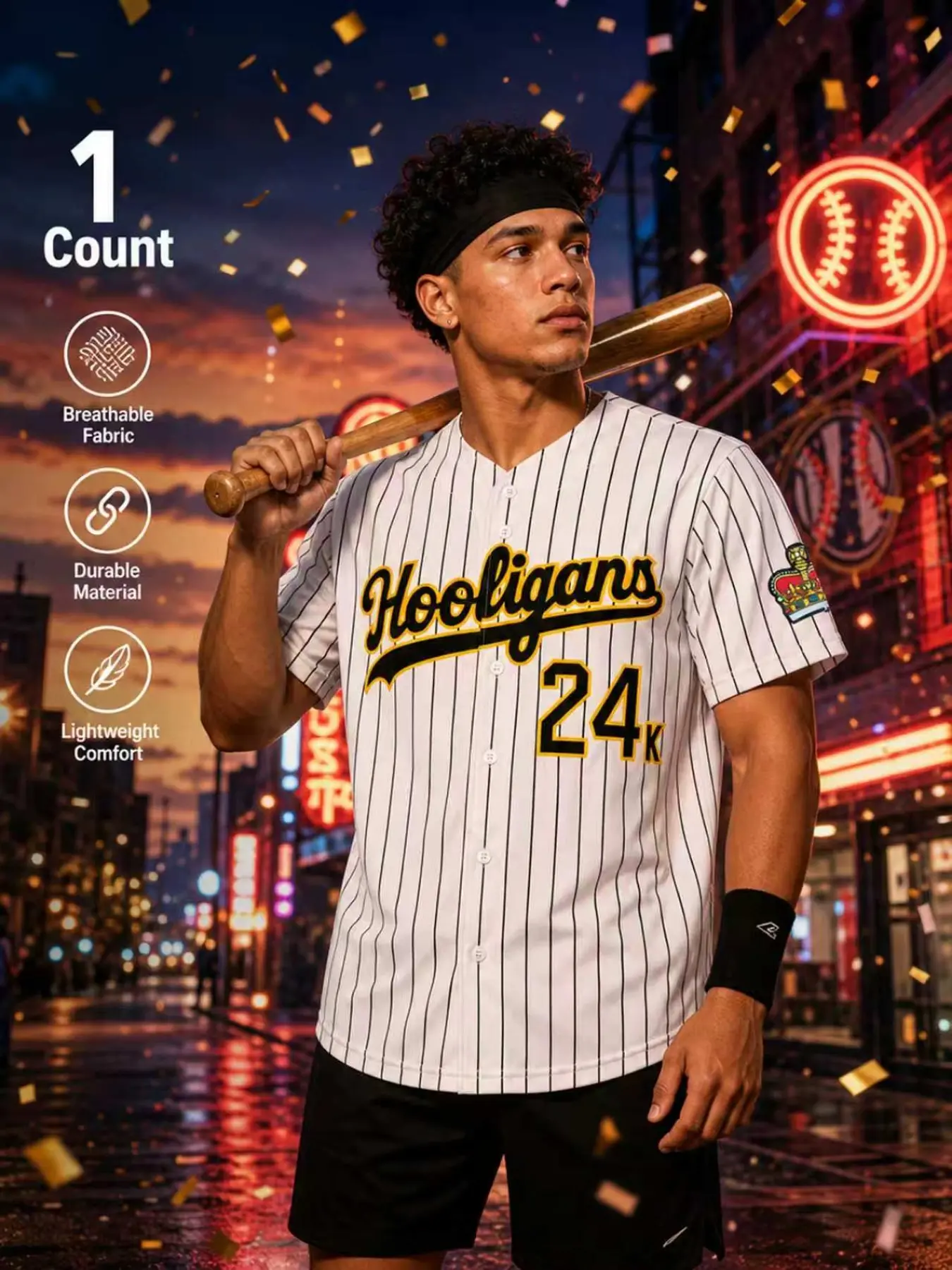 24K Hooligans Unisex Striped Baseball Jersey, Embroidered Short Sleeve Button Down Casual Shirt, Fashion Streetwear Top for Concert Daily Wear Sports Party