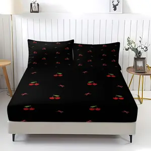 Cherry print pattern bed sheet, including 1 bed sheet and 2 pillowcases, anti slip dust cover suitable for bedrooms and guest rooms, suitable for personal use or gift giving