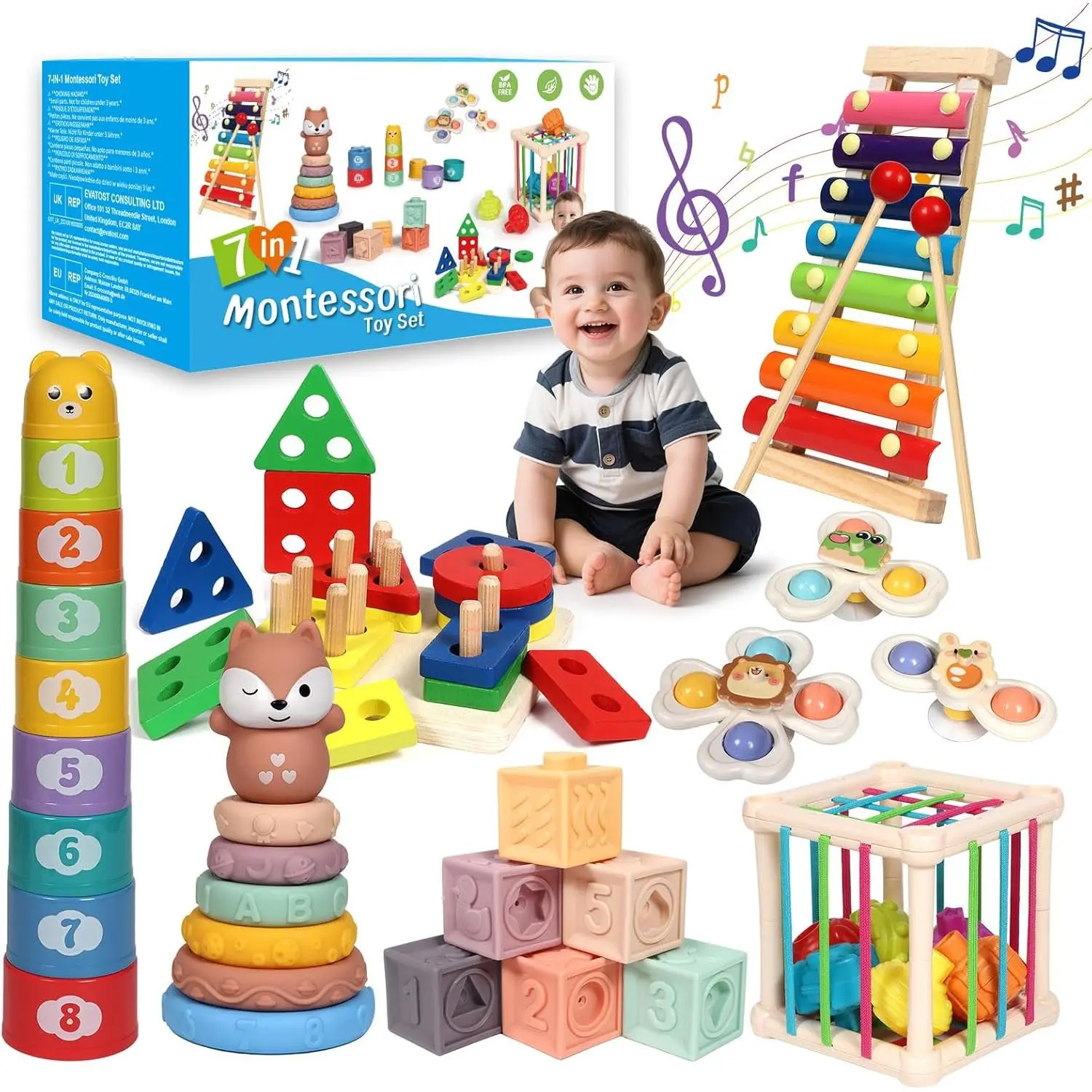Baby Toys 18-36 Months, 7-in-1 Activity Set - Stacking Blocks, Infant Teething Toy & Sensory Bin, Baby Boys & Girls Gifts
