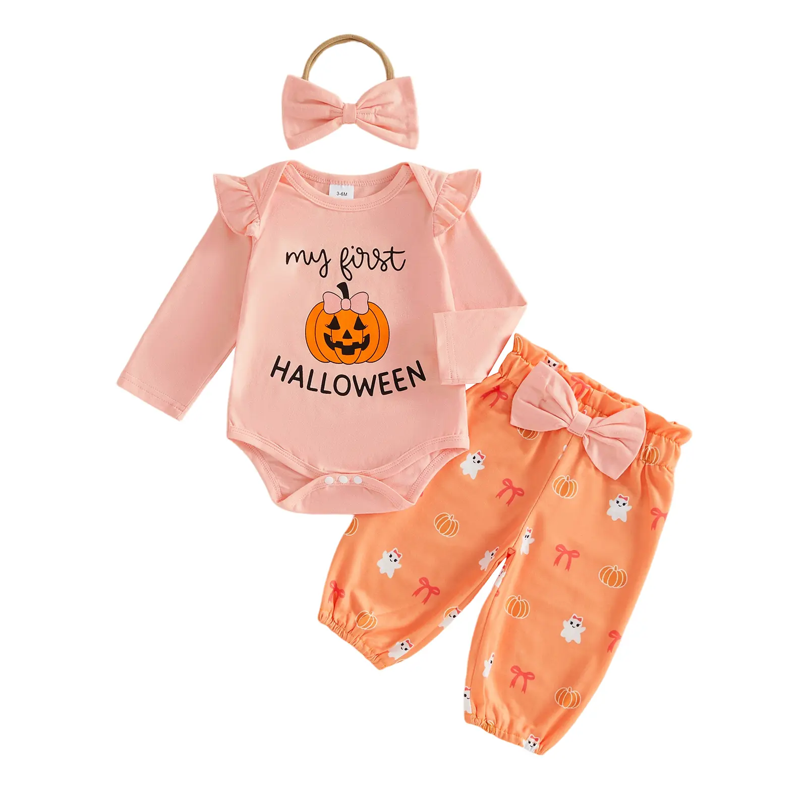 Babamoon Baby Girl Halloween 3-Piece Cotton Blend Outfit Set - Long Sleeve Ruffled Romper, Pumpkin Print Pants, Headband, for 0-18M Infants, Long Sleeve Romper
