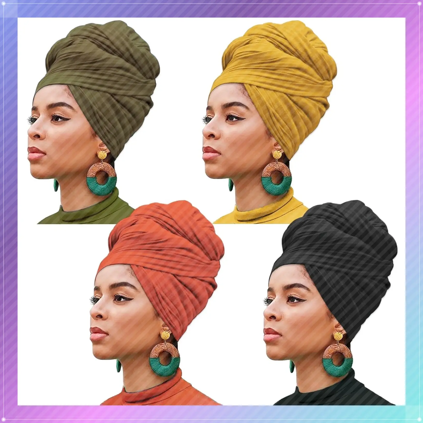4 Pieces Stretch Jersey Knit Turban Head Wrap Scarf for Women, Solid Color Breathable Ultra Soft Extra Long Headband, Black Army Green Turmeric OrangeGift