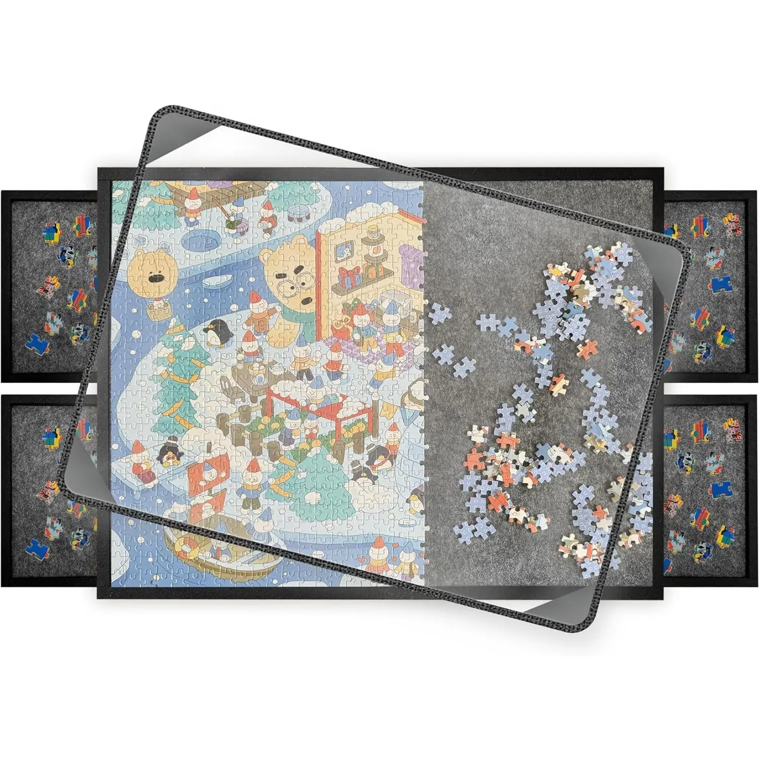 Portable Foldable Felt Puzzle Board with 4 Sorting Trays & Protective Cover, Lightweight Storage Organizer for 1000-Piece Puzzles Game Night