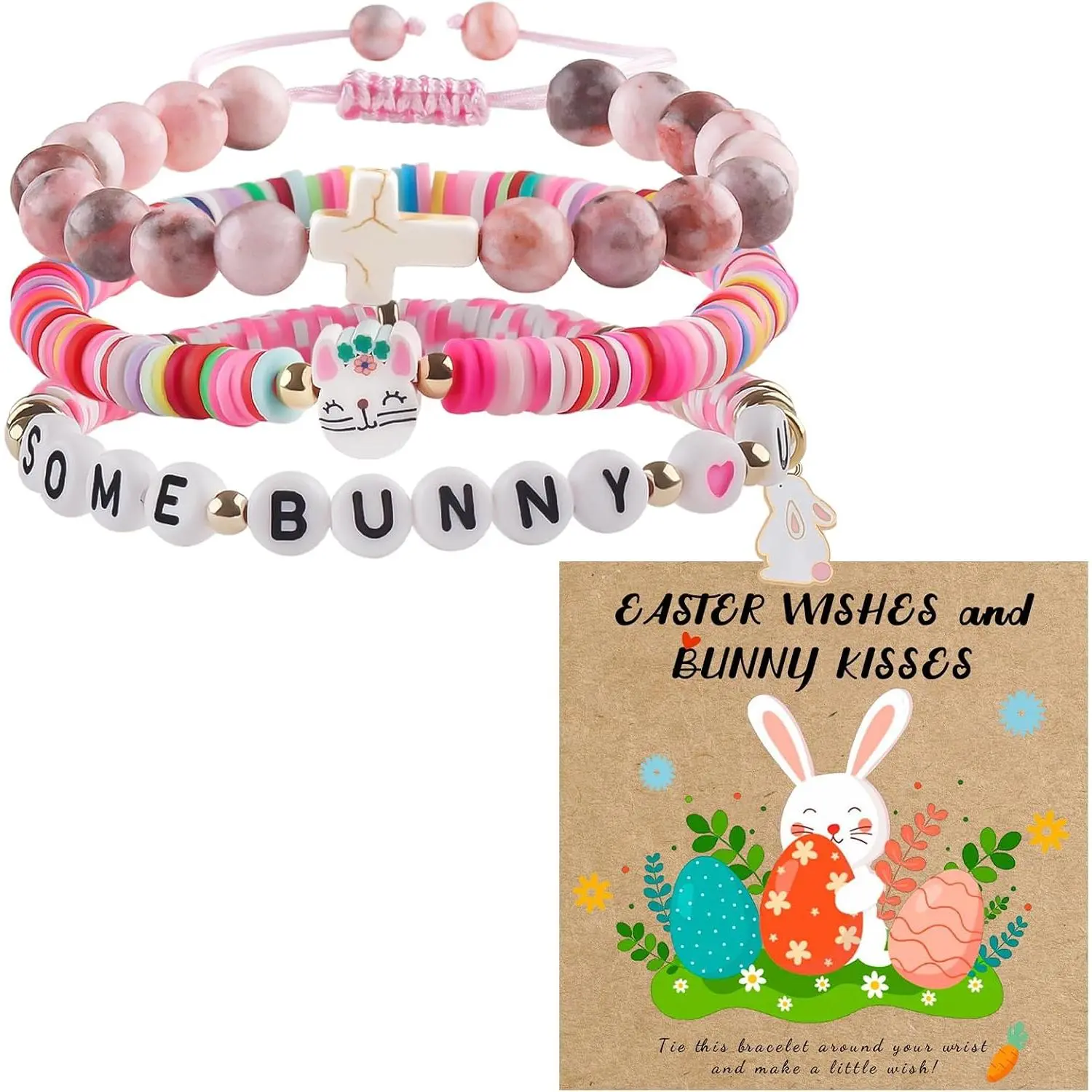 Bracelet Easter Basket Stuffers Set, Nature Stone & Clay Beaded Bracelets with Bunny Charm, Baptism Christian First Communion Confirmation Gifts for Gir Daughter Granddaughter Niece
