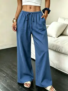 Linen Elastic Waist Drawstring Wide Leg Pants, Casual Loose High Waist Trousers, Breathable Lightweight Textured Flowy Linen Pants, Streetwear & Everyday Summer Bottoms for Women