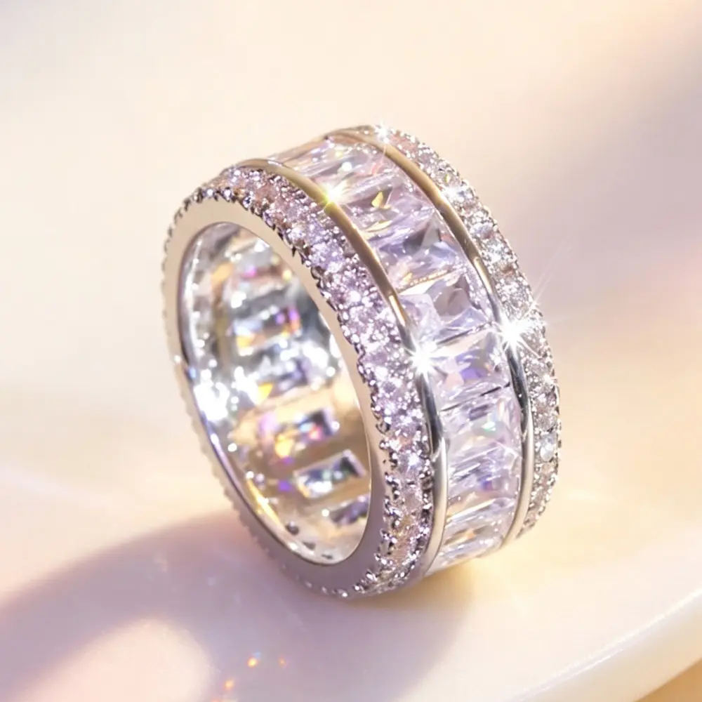 Full Pave Baguette Cut Ring Set, Clear & Rainbow Color Stone Eternity Bands, Double Row Design, Statement Jewelry for Everyday & Party Wear