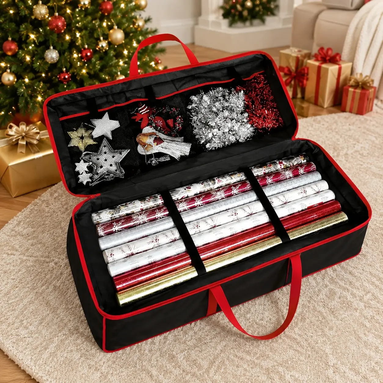 Christmas Gift Wrap Storage Organizer Box, Large Capacity Hard Plastic, Multi Labeled Compartments, Holiday Wrapping Paper, Ribbons, Bows
