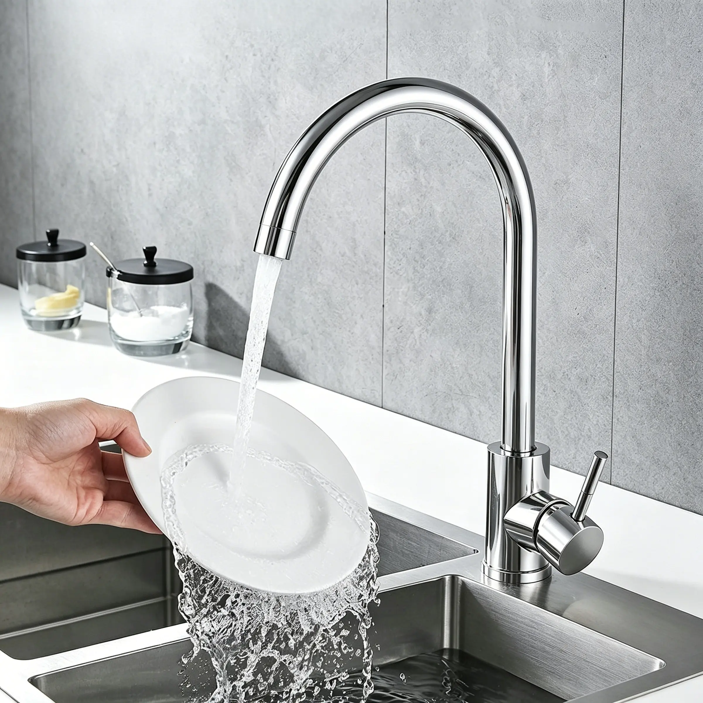 Chrome Plated Stainless Steel Modern Kitchen Faucet, Single Handle Hot Cold Mixer Tap, 360° Swivel High Arc Spout, Single Hole Mount Kitchen Sink Tap for Household Use
