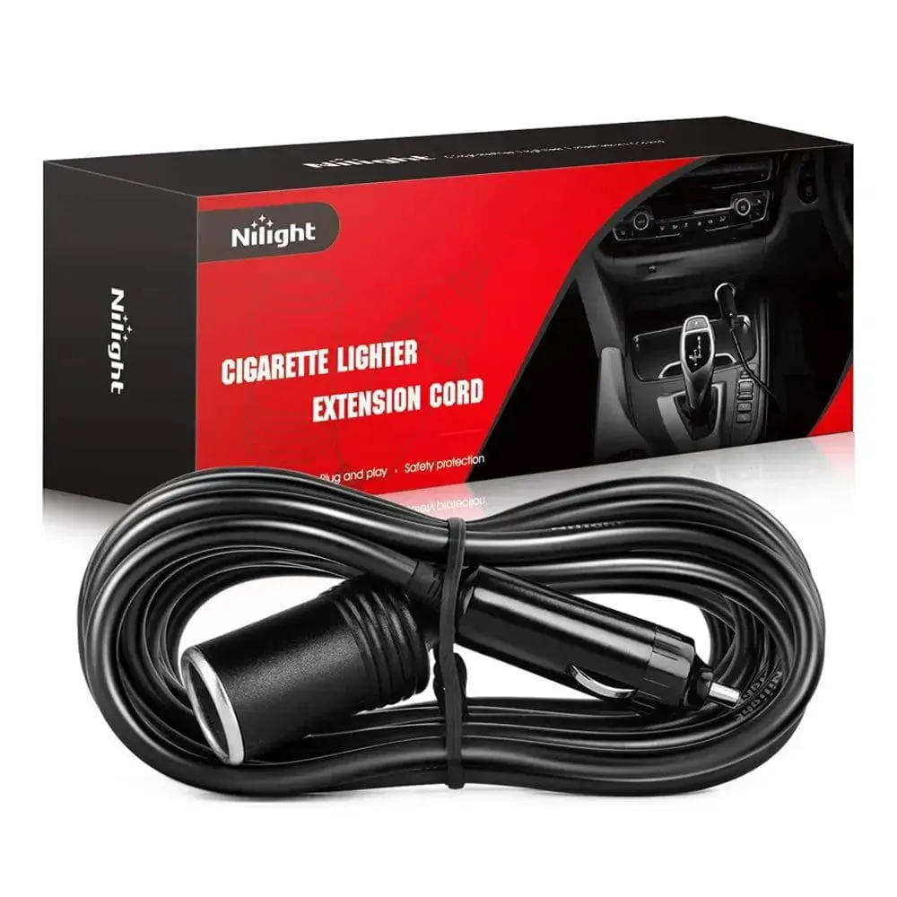 Nilight 14FT Cigarette Lighter Socket Extension Cord Cable - 12V/24V 180W 1pc Black High-Temp Wire with Female Plug, Durable & Safe to Use, Overload Safe for Traveling
